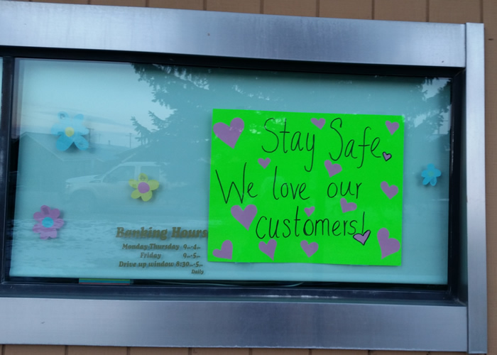 Bank of the Rockies: "Stay Safe" Sign in Drive Through Window